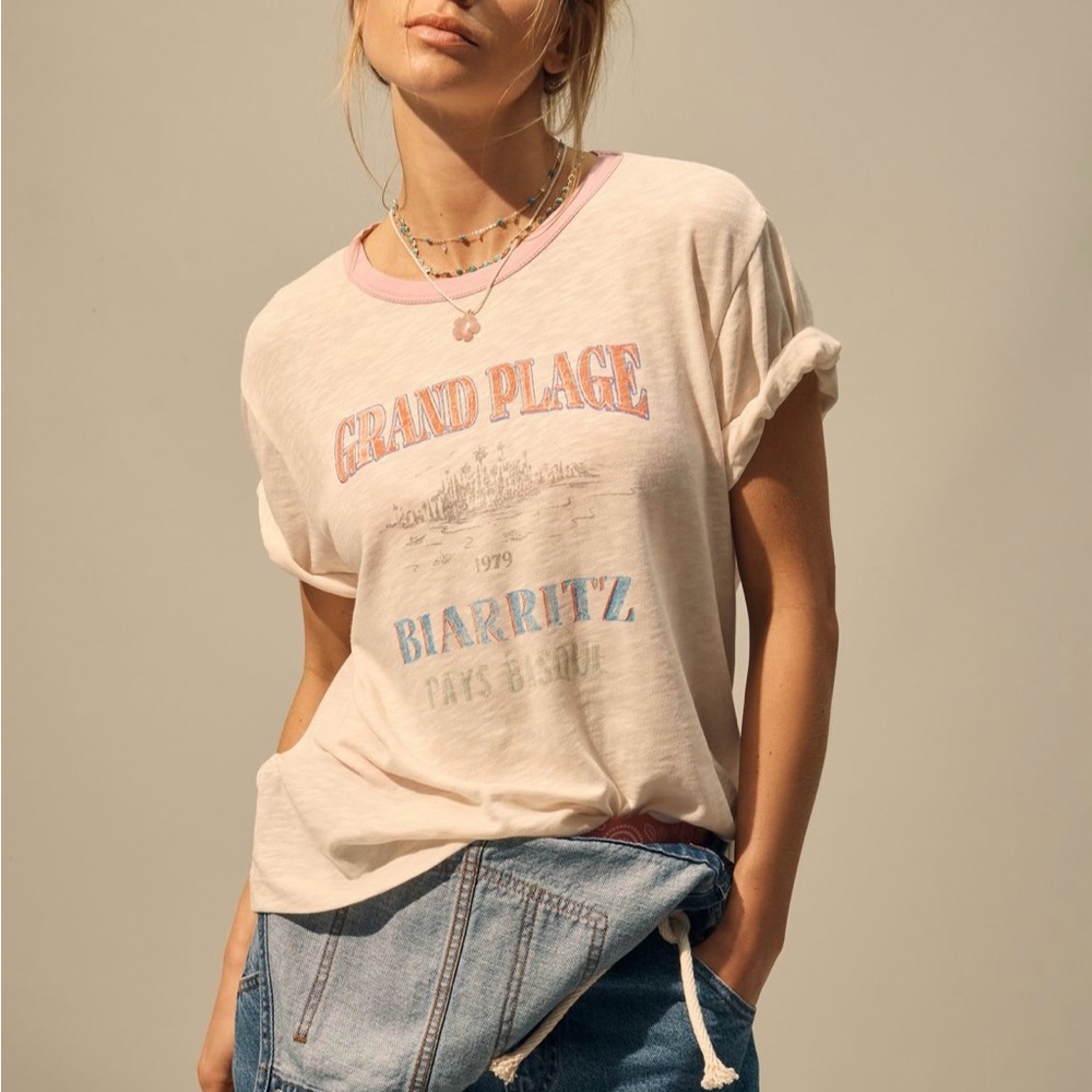 Pilcro Ringer Graphic Tee in Ivory Size XS